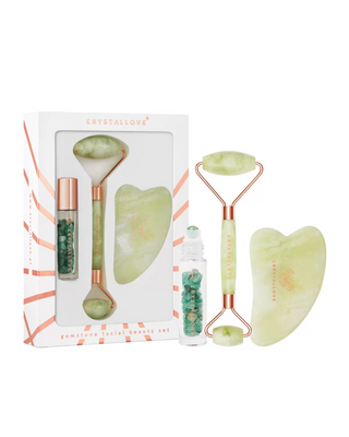 Ролка за лице + плоча гуа ша + бутилка roll-on Jade beauty set Crystallove