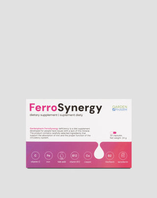 Хранителна добавка при недостиг на желязо за подпомагане на усвояването с витамин С, В12 и фолиева киселина Gardenpharm FerroSynergy 30 бр. - 1