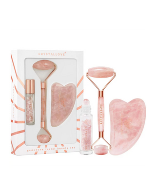 Ролка за лице + плоча gua sha + бутилка roll-on Розов кварц beauty set Crystallove - 1