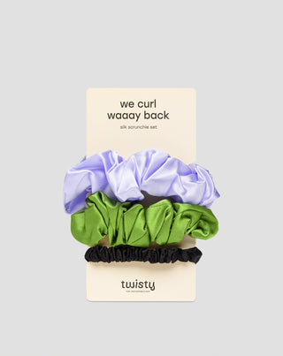 Комплект ластици за коса от 100% естествена коприна - лилави, зелени, черни Twisty 3 бр. - 1